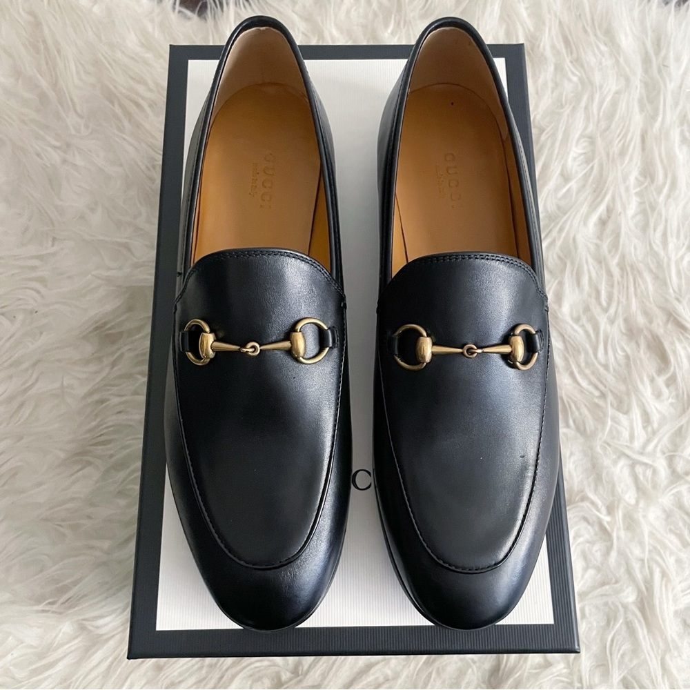 Gucci Jordaan Horsebit Detailed Leather Loafer Black Gold size 38.5 NWT